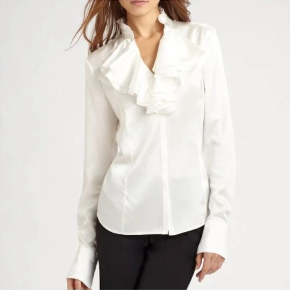 Lafayette 148 New York Silk Ruffle Blouse Cream Button Down Size 6 - Picture 1 of 9